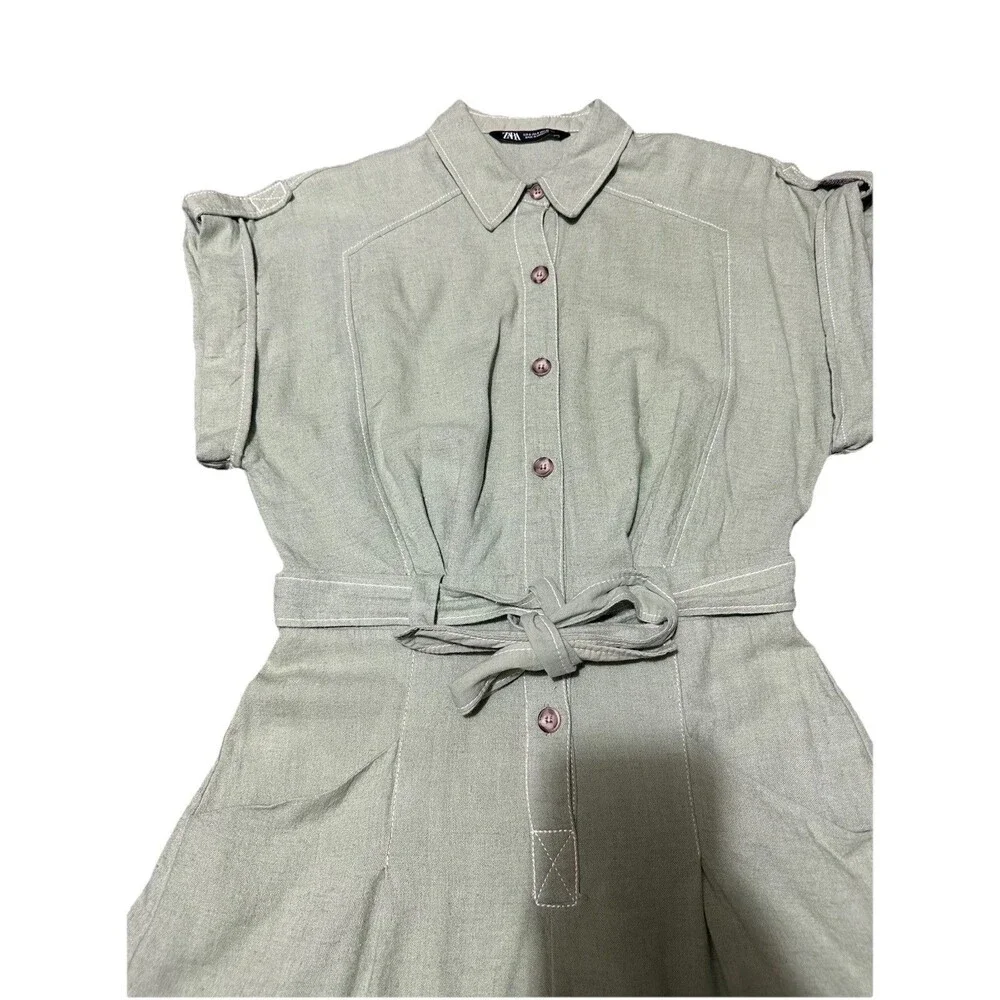 Zara Linen Romper Women's Small Green Utility Belt Coastal Beach Shortalls